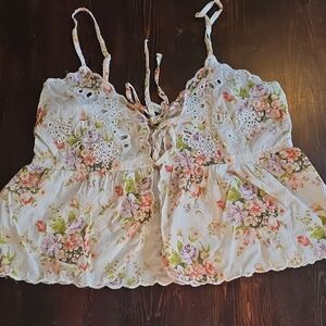 American Eagle Floral Peasant Cami Top Tie Straps Scalloped Crochet XS/TP